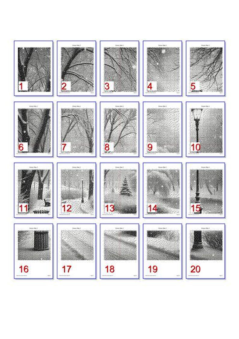 May include: A set of 20 black and white images, each depicting a different winter scene. The images are numbered 1 through 20.
