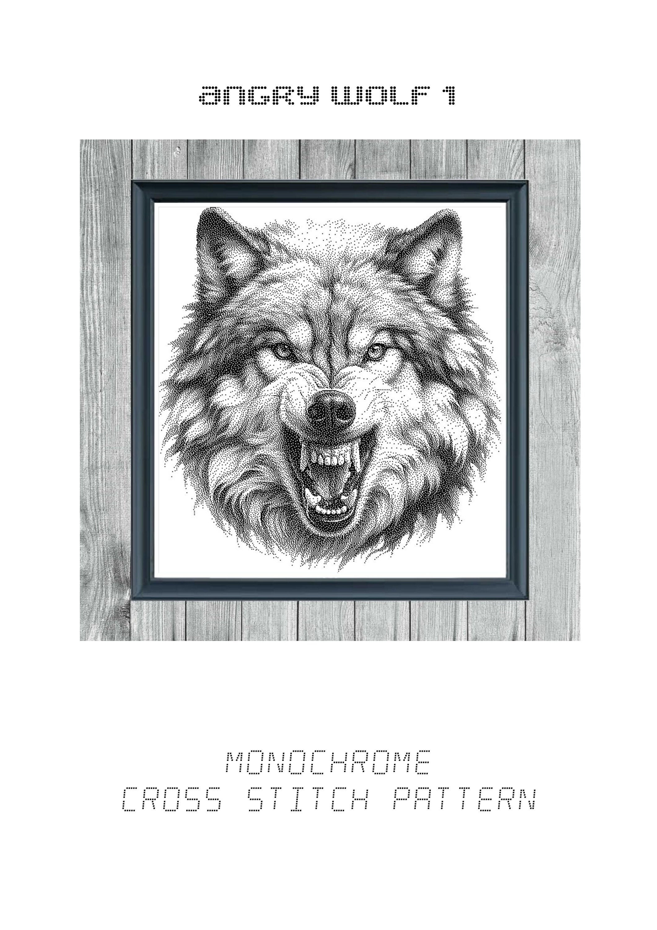 Angry Wolf 1 - Pattern Keeper-Ready Monochrome Cross Stitch - Digital PDF - Instant