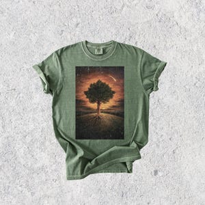 May include: Green t-shirt featuring a rectangular graphic of a tree with exposed roots on a hill, set against a sunset sky with a shooting star. The shirt is a solid green color.