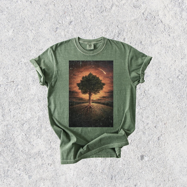 May include: Green t-shirt featuring a rectangular graphic of a tree with exposed roots on a hill, set against a sunset sky with a shooting star. The shirt is a solid green color.