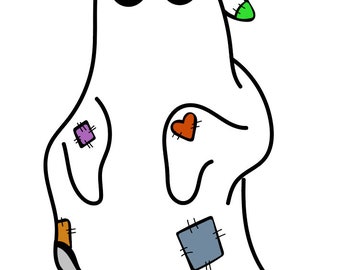 Può includere: Un fantasma bianco con occhi neri e una toppa verde sull'orecchio. Il fantasma ha diverse toppe colorate cucite sul suo corpo, tra cui un quadrato viola, un cuore rosso e un quadrato blu.