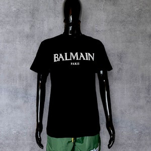 Vintage Balmain Designer-T-Shirt, hochwertige, grafische T-Shirts, schwarzes Baumwollshirt XL