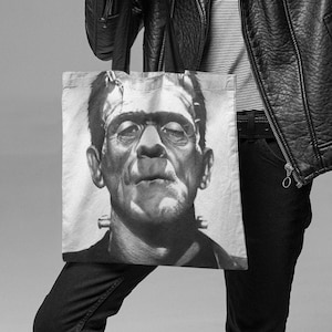 Frankenstein&#39;s Monster Tote Bag inspired by Boris Karloff fan art, Classic Universal Monsters Gift, Vintage Horror Movie, Gothic Film