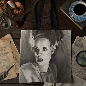 Bride of Frankenstein Tote Bag inspired by Elsa Lanchester fan art, Classic Universal Monsters Gift, Vintage Horror Movie, Gothic Film