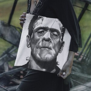 Frankenstein&#39;s Monster Tote Bag inspired by Boris Karloff fan art, Classic Universal Monsters Gift, Vintage Horror Movie, Gothic Film