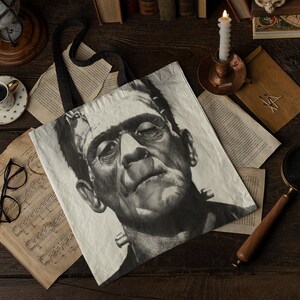 Frankenstein&#39;s Monster Tote Bag inspired by Boris Karloff fan art, Classic Universal Monsters Gift, Vintage Horror Movie, Gothic Film