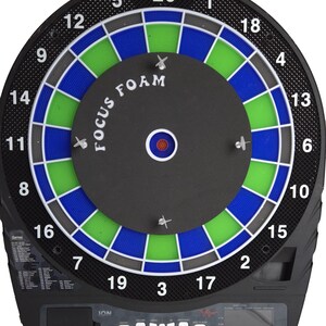 May include: Black electronic dartboard with a digital display and buttons. The dartboard has a green and blue target with the words "FOCUS FOAM" printed on it.