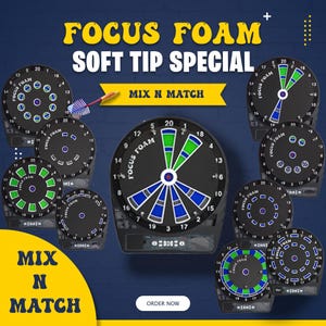 Puede incluir: Un conjunto de ocho dianas de dardos a juego con diferentes diseños. Las dianas son negras con detalles en azul, verde y blanco. El texto "Focus Foam" está impreso en cada diana.