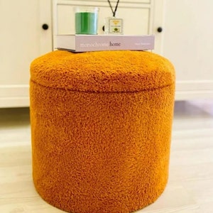 Ottoman Chair Pouf Vanity Chair Stool Footrest Bench for Bedroom Chair for Living Room Teddy Storage Accent Stool Boucle Pouf Round Pouf Orange