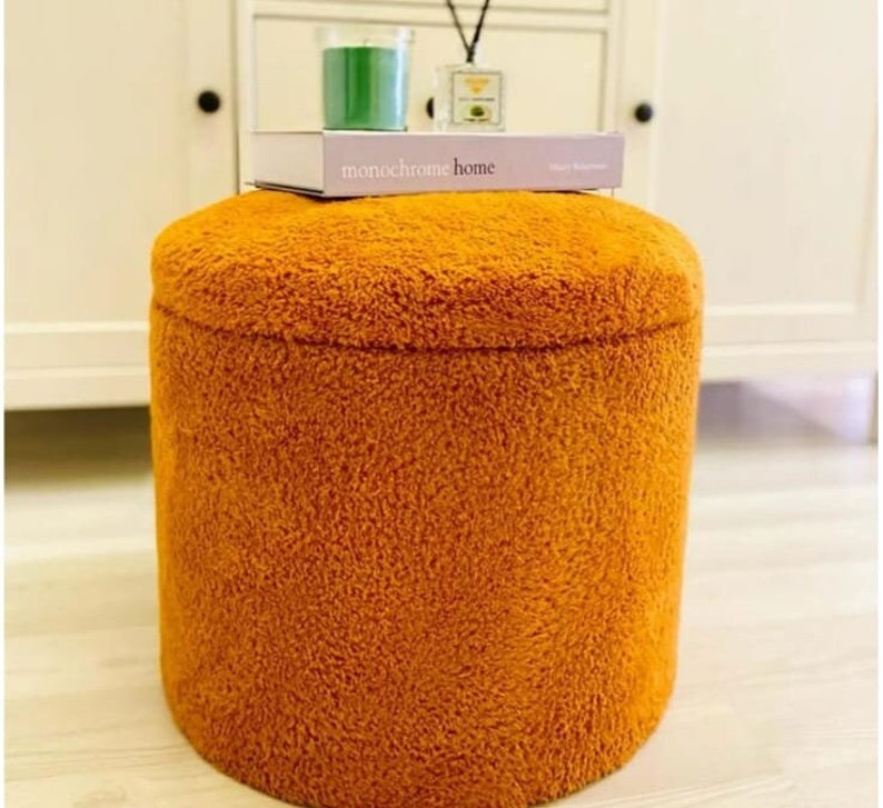 Ottoman Chair Pouf Vanity Chair Stool Footrest Bench for Bedroom Chair for Living Room Teddy Storage Accent Stool Boucle Pouf Round Pouf Orange