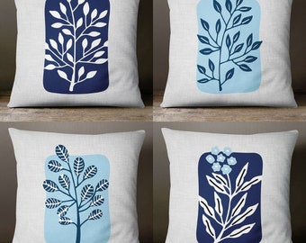 Floral Blue Throw Pillow Cover | Flower Pillow Botanical Decorative Accent Leaf Pillow Cover Boho | Modern Preppy Aesthetic Cushion Cover