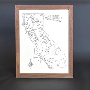 Carte de la Californie dessinée à la main - Impression d'art encadrée