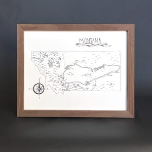 Carte du Montana dessinée à la main - Impression d'art encadrée
