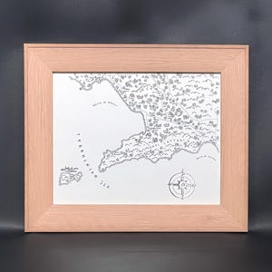 Carte dessinée à la main du sud de l'Italie - Côte amalfitaine, Capri, Naples, Pompéi - Impression d'art encadrée