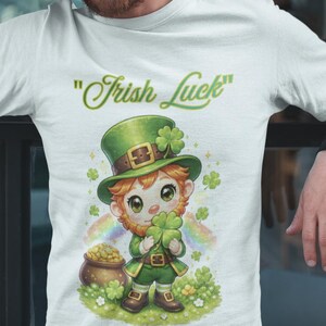 T-shirt "Adorable Traditional Irish Leprechaun with Shamrock and Pot of Gold" T-shirt with a rainbow background.