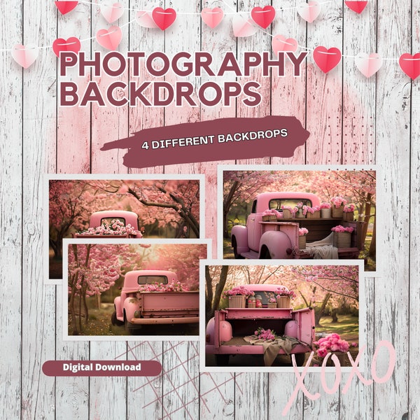 4 Valentine's Day Digital Backdrops for Photography. Bundle. Floral Old Truck. Pink Flowers Photography. Instant download.