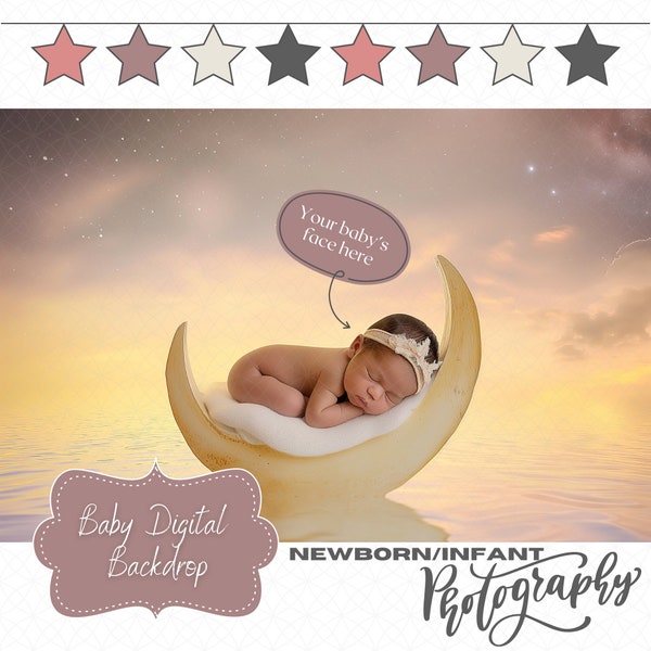 Newborn Backdrop Photography Face Insert, Digital Background, Add Face Prop Composite, Moon, Over the Moon, Stars, Sleeping Newborn