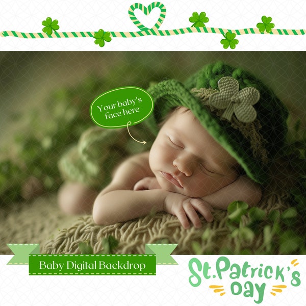 Neugeborenen Hintergrund Fotografie Gesicht einfügen, digitaler Hintergrund, Gesicht hinzufügen Prop zusammengesetzt, St. Patrick's Day, St. Patty's, Kobold, Shamrock