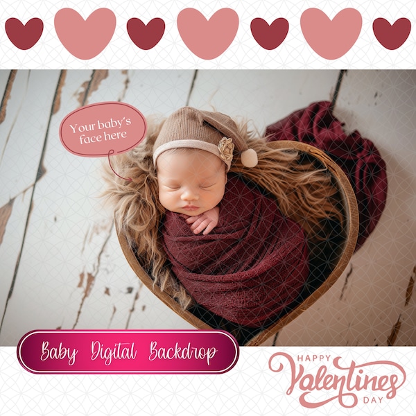 Newborn Backdrop Photography Face Insert, Digital Background, Add Face Prop Composite, Valentine's Day, Heart, Flowers, Baby Girl