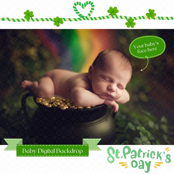 Newborn Backdrop Photography Face Insert, Digital Background, Add Face Prop Composite, St. Patrick's Day, St Patty's, Pot of Gold, Rainbow