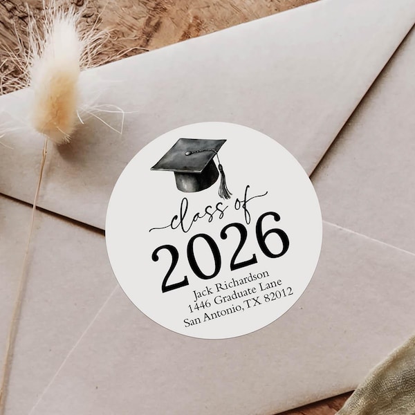 Joint d'enveloppe pour faire-part de remise des diplômes, Étiquettes d'adresse personnalisées pour la fête des diplômés, Stickers casquettes de remise des diplômes, Chapeau de diplômé, Cérémonie de remise des diplômes