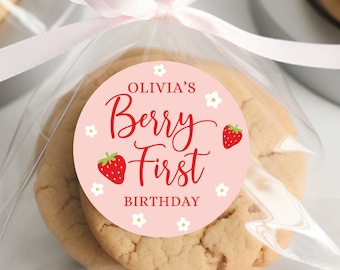 Strawberry Birthday Favor Sticker, Berry First Birthday Favor Label, Pink Red Girl 1st Birthday Party Decoration Cookie Treat Bag
