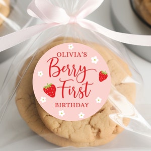 Sticker anniversaire fraise merci, étiquette de cadeau de premier anniversaire rose baies rouges, décoration 1er anniversaire de fille