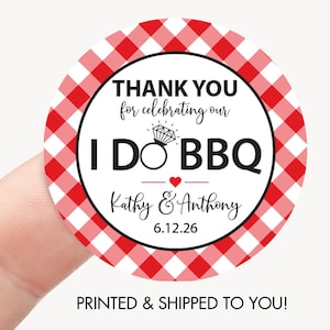 I Do BBQ Wedding Thank You Favor Sticker, Personalized BBQ Engagement Bridal Shower Labels, Red Gingham Barbecue Bridal Shower Tags