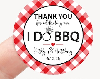 I Do BBQ Wedding Thank You Favor Sticker, Personalized BBQ Engagement Bridal Shower Labels, Red Gingham Barbecue Bridal Shower Tags
