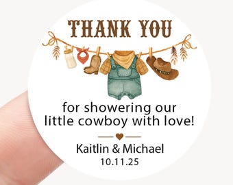 Cowboy Baby Shower Favor Sticker, A Little Cowboy Is On The Way Baby Shower Label, Cowboy Baby Shower Thank You Tag, Cowboy Clothesline