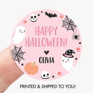 Halloween Stickers, Personalized Kids Cute Happy Halloween Label, Pink Pastel Halloween Party Favor Stickers, Happy Halloween Labels