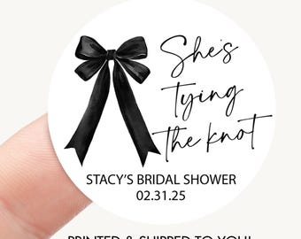 Black Bow She's Tying the Knot Bridal Shower Favor Sticker, Coquette Bow Wedding Shower Decoration, Black Bow Bridal Shower Thank You Tag