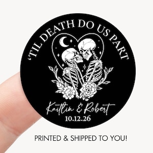 Halloween Wedding Favor Sticker, Til Death Do Us Part Thank You Tag, Skeleton Couple Bridal Shower Label, Gothic Wedding Decoration