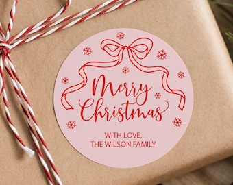 Pink Red Bow Christmas Gift Tags, Holiday Gift Stickers, Christmas Labels, Cookie Sticker, Envelope Labels, Christmas Card Envelope Seals