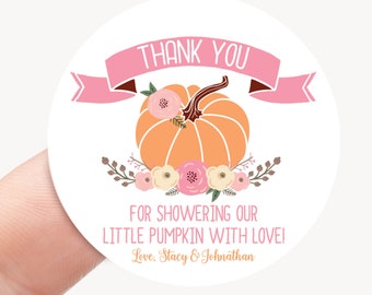 Pumpkin Baby Shower Thank You Favor Sticker 2" Circle, Little Pumpkin Baby Girl Favor Label, Fall Baby Shower Decoration Food Label Qty: 20