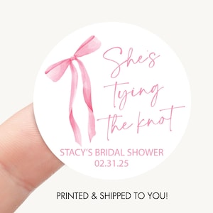 She's Tying the Knot Bridal Shower Favor Sticker, Pink Bow Wedding Shower Decoration Coquette Black Bow Goodie Treat Bag Label Glossy