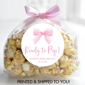 Sticker cadeau baby shower avec noeud rose, étiquette cadeau décoration pour baby shower, noeud de coquette sac de pop corn pour bébé fille