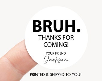 Bruh Birthday Favor Stickers, Bro Minimal Modern Tween Teen Boy Party Labels Round Stickers Personalized Dessert Snack Bag Tags