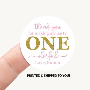 Sticker cadeau 1er anniversaire ONEderful 2" rond, étiquette de fête personnalisée premier anniversaire en or rose, étiquette 1er anniversaire fille, quantité 20