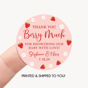 Autocollant de cadeau de remerciement pour baby shower aux fraises cercle de 2 po., étiquette de cadeau de fête pour bébé doux fruits rouges, décoration de shower de bébé fille
