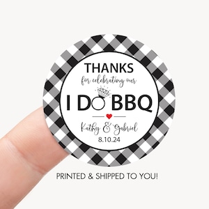 I Do BBQ Thank You Favor Sticker 2&quot; Circle, Personalized BBQ Engagement Bridal Shower Wedding Label Black Gingham Qty: 24