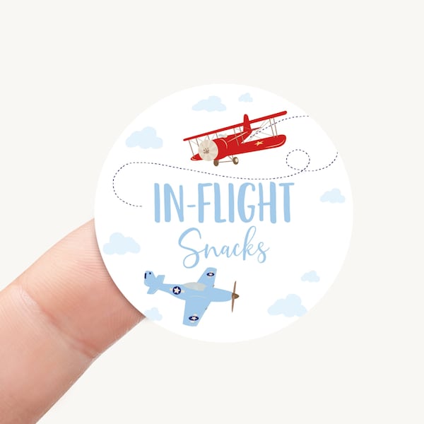 Airplane Inflight Snacks Sticker 2" Circle, Airplane Birthday Party Favor Label, Airplane Favor Sticker Birthday Decoration Qty: 20