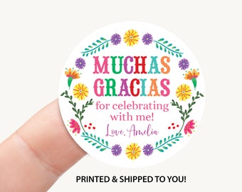 Fiesta Birthday Thank You Favor Sticker, Mexican Party Favor Label, Fiesta Girl Birthday Decoration Cookie Treat Bag Popcorn Circle Label