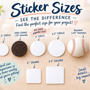 May include: A size comparison chart for stickers featuring various white circular and square shapes. Items include a USA quarter, an Oreo cookie, and a baseball for scale. Text labels indicate dimensions in inches, such as 1.5, 2, 2.5, and 3 inch circles.