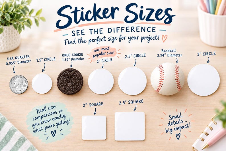 May include: A size comparison chart for stickers featuring various white circular and square shapes. Items include a USA quarter, an Oreo cookie, and a baseball for scale. Text labels indicate dimensions in inches, such as 1.5, 2, 2.5, and 3 inch circles.