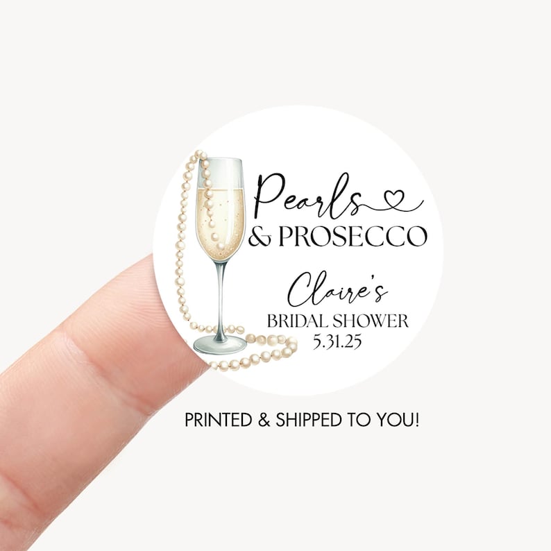 Pearls & Prosecco Bridal Shower Favor Sticker, Pearls and Prosecco Wedding Shower Label, Gold Pearls Champagne Bridal Shower Decoration 2" Without Bow