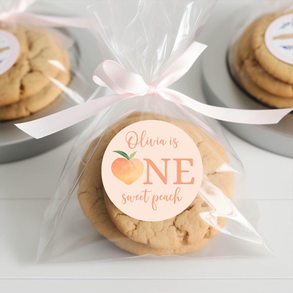 Peach Birthday Favor Sticker Circle, One Sweet Peach First 1st Party Treat Bag Label Girl Birthday Decoration Envelope Seal