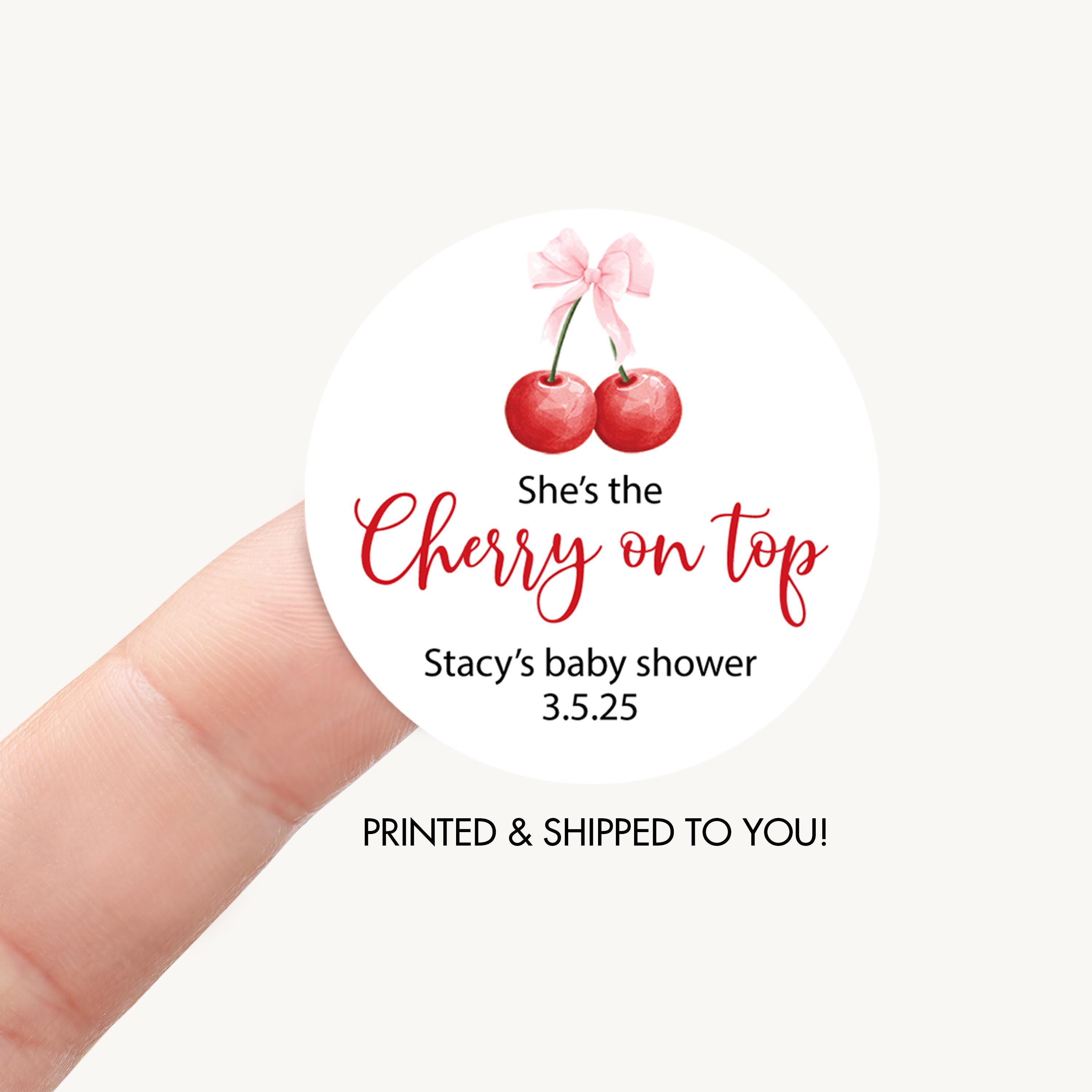 Cherry Baby Shower Favor Sticker, Pink Bow She's Our Cherry on Top Favor Label Girl Baby Shower Favor Tag Decoration Treat Bag Label