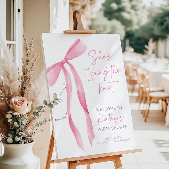 She's Tying the Knot Bridal Shower Sign, Pink Bow Bridal Shower Welcome Sign, Ribbon Bridal Shower Decoration, Coquette Bridal Shower Poster