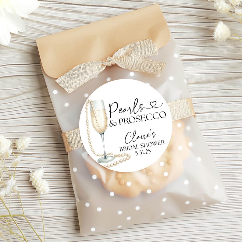 Pearls & Prosecco Bridal Shower Favor Sticker, Pearls and Prosecco Wedding Shower Label, Gold Pearls Champagne Bridal Shower Decoration 2" image 2
